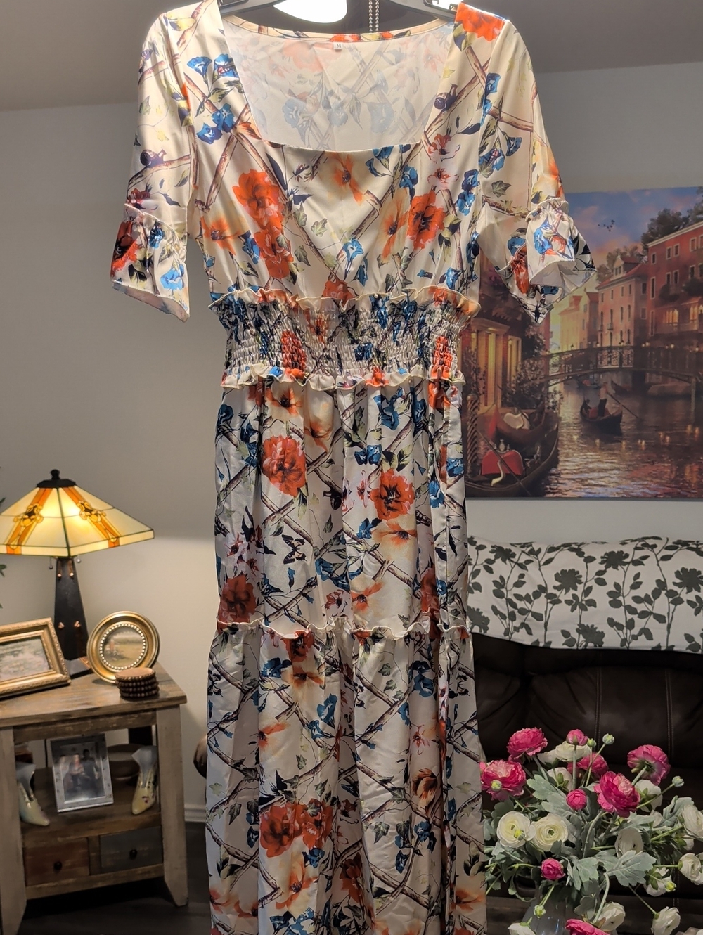 Floral Smocked Waist Maxi Dress - Cream with Orange & Blue Flowers